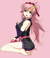 Rule 34 | 00s, 1girl, :d, ass, bare legs, bare shoulders, barefoot, black dress, blue eyes, bottomless, dress, feet, fingerless gloves, gloves, gundam, gundam seed, gundam seed destiny, haro, highres, japanese clothes, lacus clyne, long hair, looking at viewer, looking back, no panties, open mouth, pink hair, ponytail, sitting, sleeveless, smile, soles, solo, wariza, zundarepon