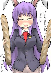 Rule 34 | 1girl, ^ ^, animal ears, baguette, blazer, bread, breasts, closed eyes, food, gaoo (frpjx283), highres, jacket, necktie, pun, purple hair, rabbit ears, reisen udongein inaba, simple background, skirt, solo, touhou, translated, white background