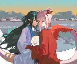 Rule 34 | 2girls, aqua hair, aqua horns, arknights, chinese clothes, closed mouth, colored skin, commentary request, dragon girl, dragon horns, dragon tail, dusk (arknights), earrings, flame-tipped tail, hair bun, hanfu, highres, horns, jewelry, long hair, multicolored hair, multiple girls, nian (arknights), parted lips, pe902, pointy ears, red eyes, red hair, red horns, short hair, siblings, sidelocks, streaked hair, tail, tassel, tassel earrings, very long hair, white hair