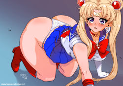 Rule 34 | 1girl, absurdres, all fours, ass, bishoujo senshi sailor moon, blonde hair, blue eyes, blue sailor collar, blue skirt, boots, breasts, choker, cleavage, collarbone, crescent, crescent earrings, derivative work, diadem, double bun, earrings, full body, gloves, heart, heart choker, highres, jewelry, large breasts, meme, panties, red choker, red footwear, sailor collar, sailor moon, sailor moon redraw challenge (meme), sailor senshi, sailor senshi uniform, screenshot redraw, shimetta masuta, skirt, solo, thick thighs, thighs, thong, tsukino usagi, twintails, underwear, white gloves, white panties, wide hips