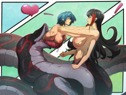 Rule 34 | 2girls, acerok, black hair, blue hair, breasts, embarrassed, extra arms, extra mouth, heart, lamia, large breasts, long hair, monster girl, multicolored hair, multiple girls, nipples, nude, red hair, short hair, vore, yuri