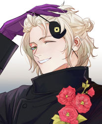 Rule 34 | 1boy, ai the somnium files, black coat, blonde hair, coat, commentary, date kaname, eyepatch, eyepatch lift, flower, gloves, gradient background, green eyes, hand on own head, highres, long sleeves, looking at viewer, male focus, one eye closed, purple gloves, red flower, remmec2, simple background, smile, solo, symbol-only commentary, upper body