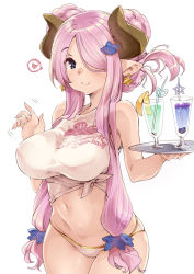 Rule 34 | 10s, 1girl, bikini, breasts, cowboy shot, cup, double bun, draph, drink, drinking glass, drinking straw, earrings, granblue fantasy, hair over one eye, heart, highres, horns, jewelry, large breasts, looking at viewer, narmaya (granblue fantasy), navel, pointy ears, sidelocks, simple background, solo, spoken heart, star (symbol), star earrings, swimsuit, thomasz, tray, white background