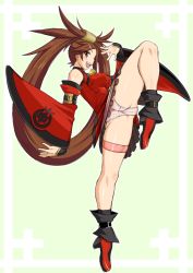 Rule 34 | 1girl, anklet, ass, blush, breasts, brown eyes, brown hair, detached sleeves, dr.p, dress, covered erect nipples, full body, guilty gear, guilty gear xrd, hair ornament, hair rings, impossible clothes, impossible dress, jewelry, kuradoberi jam, long hair, panties, pantyshot, pink panties, sideways mouth, smile, solo, standing, standing on one leg, thigh strap, underwear, very long hair, wide sleeves