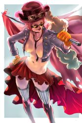 Rule 34 | 1girl, bazaraga no shujii, belo betty, boots, breasts, cigarette, commentary, cropped jacket, flag, from above, gloves, goggles, goggles on headwear, hand on own hip, hat feather, holding, holding flag, large breasts, looking to the side, necktie, one piece, purple hair, red eyes, red skirt, simple background, skirt, solo, sunglasses, thighhighs