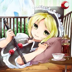 Rule 34 | 1girl, album cover, blonde hair, blue sky, cover, cup, curtains, flute, hat, instrument, looking at viewer, lunasa prismriver, lying, makuwauri, on back, on side, pillow, shirt, skirt, sky, smile, solo, table, teacup, teapot, touhou, window, yellow eyes