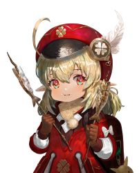 Rule 34 | 1girl, absurdres, ahoge, animal, backpack, bag, bag charm, blonde hair, blush, brown gloves, c2h6o, cabbie hat, charm (object), closed mouth, commentary request, dress, feathers, fish, food, food on face, genshin impact, gloves, hat, hat feather, highres, holding, holding animal, holding fish, holding stick, klee (genshin impact), long hair, long sleeves, looking at viewer, low twintails, pointy ears, red dress, red eyes, red hat, simple background, smile, solo, stick, twintails, upper body, white background