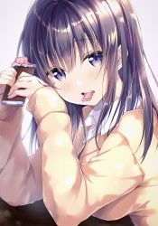 Rule 34 | 1girl, amedamacon, black hair, blush, breasts, candy, chocolate, chocolate bar, collared shirt, commentary request, dress shirt, food, food in mouth, grey background, hair between eyes, hands in pockets, highres, holding, holding food, large breasts, long sleeves, looking at viewer, mouth hold, original, purple eyes, shirt, sleeves past wrists, solo, sweater, teeth, upper body, upper teeth only, valentine, white shirt, yellow sweater