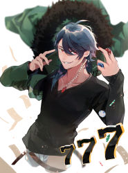 Rule 34 | 1boy, ahoge, arisugawa dice, arm up, beads, belt, blue hair, blurry, coin, collarbone, fingernails, fur-trimmed jacket, fur trim, gambling, green jacket, hair beads, hair ornament, highres, holding, hypnosis mic, jacket, male focus, medium hair, mik3d, money, parted lips, poker chip, red eyes, smile, solo, sparkle