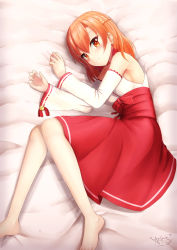 Rule 34 | 1girl, barefoot, bed sheet, bell, blush, braid, breasts, closed mouth, commentary, commission, detached sleeves, english commentary, hair between eyes, hands up, highres, japanese clothes, jingle bell, kimono, long sleeves, looking at viewer, lying, medium breasts, on side, orange eyes, orange hair, original, prophosphere, red skirt, signature, skirt, sleeveless, sleeveless kimono, smile, solo, white kimono, white sleeves