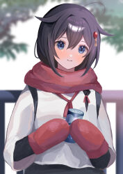 Rule 34 | 1girl, absurdres, ahoge, alternate costume, black hair, blue eyes, braid, can, canned coffee, drink can, hair flaps, hair over shoulder, head tilt, highres, kantai collection, long hair, looking at viewer, mittens, railing, red mittens, red scarf, scarf, shigure (kancolle), shirt, single braid, smile, solo, takemochi, upper body, white shirt