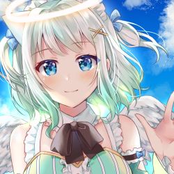 Rule 34 | 1girl, angel, angel wings, artist request, black bow, black bowtie, blue eyes, bow, bowtie, cloud, collarbone, commentary, detached collar, detached sleeves, dress, english commentary, floating hair, gradient hair, green dress, green eyes, green hair, halo, highres, indie virtual youtuber, mint fantome, multicolored hair, open hand, silver hair, sky, solo, tearing up, two side up, virtual youtuber, waving, wings