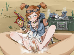 Rule 34 | 1girl, bandaid, barefoot, blush, borderlands (series), borderlands 2, brown hair, cum, cum on body, cum on lower body, feet, footjob, gaige, goggles, green eyes, highres, mechanical arms, penis, phb, shoes, unworn shoes, short twintails, single mechanical arm, smell, smile, smirk, soles, toes, twintails, uncensored