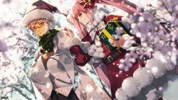 1boy 1girl bare_tree belt copyright_name dairoku_ryouhei dark-skinned_male dark_skin day flower gift glasses green_scarf hair_flower hair_ornament hat highres holding holding_gift japanese_clothes kimono kokuzu minerva_restaud nikolaus_bergstein outdoors pink_hair santa_costume santa_hat scarf snowflakes snowing tree twintails wide_sleeves yellow_eyes