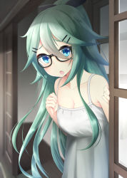 Rule 34 | 10s, 1girl, alternate costume, bespectacled, blue eyes, blurry, breasts, casual, cleavage, collarbone, commentary request, depth of field, dress, elbow gloves, glasses, gloves, green hair, hair between eyes, hair ornament, hair ribbon, hairclip, kantai collection, long hair, looking at viewer, nekobaka, peeking out, ribbon, sliding doors, solo, spaghetti strap, white dress, wooden floor, yamakaze (kancolle)