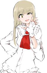 Rule 34 | 1girl, :d, absurdres, alternate eye color, blonde hair, double arbre, dress, fang, fingerless gloves, gloves, highres, hime cut, lili (tekken), long hair, long sleeves, looking at viewer, neckerchief, open mouth, red neckerchief, simple background, skin fang, smile, solo, tekken, tekken 5, white background, white dress, white gloves, yellow eyes