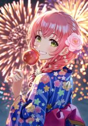 Rule 34 | 1girl, absurdres, blush, braid, candy apple, fingernails, fireworks, floral print, food, green eyes, hair ornament, highres, holding, holding food, japanese clothes, kimono, lips, long hair, long sleeves, looking at viewer, morikura en, night, night sky, original, outdoors, parted lips, pink hair, scan, shiny skin, simple background, single braid, sky, solo, upper body