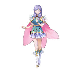 Rule 34 | 1girl, absurdres, alternate costume, belt pouch, boots, cape, circlet, closed mouth, commentary request, dress, feather trim, fire emblem, fire emblem: radiant dawn, fire emblem heroes, full body, gold trim, gradient clothes, hair ornament, hand on own chest, hand up, highres, ilyana (fire emblem), jewelry, knee boots, long hair, looking at viewer, nintendo, official alternate costume, official art, pouch, purple eyes, purple hair, short dress, short sleeves, simple background, skirt, solo, standing, turtleneck, urata asao, wrist cuffs