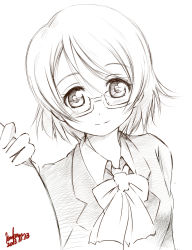 Rule 34 | 10s, 1girl, blazer, bow, dated, glasses, highres, jacket, kem kem, koizumi hanayo, looking at viewer, love live!, love live! school idol project, monochrome, simple background, smile, solo, white background