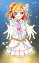 Rule 34 | 10s, 1girl, :d, belt, blue eyes, feather hair ornament, feathers, gloves, feather hair ornament, highres, kosaka honoka, layered skirt, looking at viewer, love live!, love live! school idol project, open mouth, orange hair, outstretched arms, outstretched hand, pov, side ponytail, skirt, smile, snow halation, solo, standing, white gloves, yumeiro hanabi
