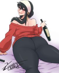 Rule 34 | 1girl, absurdres, ass, bare shoulders, black hair, blush, cabbagebinn, from behind, highres, long hair, looking back, open mouth, red eyes, red sweater, solo, spy x family, sweater, yor briar