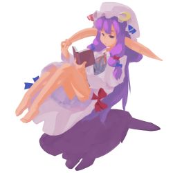 Rule 34 | 1girl, barefoot, book, feet, female focus, floating, full body, lying, masha, open book, patchouli knowledge, pointy ears, reading, simple background, solo, touhou, white background