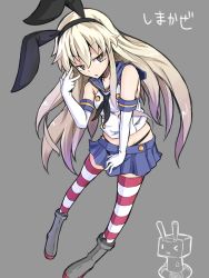 Rule 34 | 10s, 1girl, black panties, blonde hair, elbow gloves, flat chest, gloves, grey background, hairband, ishimu, kantai collection, long hair, looking at viewer, navel, panties, personification, rensouhou-chan, sailor collar, shimakaze (kancolle), skirt, solo, striped clothes, striped thighhighs, thighhighs, underwear, white gloves