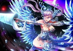 Rule 34 | 1girl, black clover, blue halo, breasts, halo, highres, large breasts, noelle silva, purple eyes, silver hair, thighs, twintails, white hair, wings