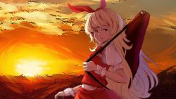 Rule 34 | 1girl, blonde hair, bloody cuke, bow, closed mouth, ellen (touhou), hair bow, highres, instrument case, long hair, looking at viewer, outdoors, puffy short sleeves, puffy sleeves, red bow, red skirt, red vest, shirt, short sleeves, skirt, sunset, touhou, touhou (pc-98), very long hair, vest, white shirt, wrist cuffs, yellow eyes