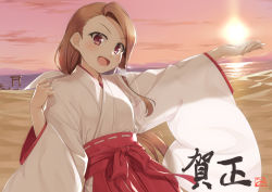 Rule 34 | 1girl, :d, asymmetrical hair, beach, brown hair, cloud, commentary request, cowboy shot, forced perspective, hair ribbon, hakama, hakama short skirt, hakama skirt, idolmaster, idolmaster (classic), japanese clothes, kimono, long hair, looking at viewer, miko, minase iori, miri (ago550421), morning, mountainous horizon, ocean, open mouth, outdoors, outstretched arm, red hakama, ribbon, sand, skirt, sky, smile, solo, sun, sunrise, torii, translation request, white kimono, wide sleeves