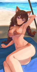Rule 34 | 1girl, animal ears, arm behind head, arm support, arm up, armpits, ass, bare arms, bare legs, bare shoulders, beach, beach towel, bikini, breasts, brown hair, closed mouth, collar, commission, day, feet out of frame, hair between eyes, head tilt, horizon, large breasts, legs together, light blush, long hair, looking at viewer, low twintails, lying, navel, ocean, omeletricetaro3, on ground, on side, orange bikini, original, outdoors, parasol, purple eyes, red collar, shade, side-tie bikini bottom, smile, solo, stomach, string bikini, striped, striped bikini, swimsuit, towel, twintails, umbrella