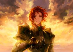 Rule 34 | 1boy, armor, breastplate, brown eyes, cloud, danhu, eyes visible through hair, fire emblem, fire emblem: three houses, fur trim, gauntlets, grin, looking at viewer, male focus, nintendo, outdoors, outstretched hand, pauldrons, red hair, short hair, shoulder armor, signature, sky, smile, solo, sylvain jose gautier, twilight, upper body