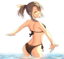Rule 34 | 1girl, ass, back, bikini, black bikini, brown hair, from behind, hair ribbon, original, outstretched arms, partially submerged, ponytail, ribbon, rokusai, short hair, side-tie bikini bottom, solo, spread arms, swimsuit, transparent background, wading, water, yellow eyes
