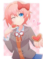 Rule 34 | 1girl, absurdres, blazer, blue eyes, bow, bowtie, brown hair, checkered background, collar, doki doki literature club, hair bow, hair ribbon, hand out, hand outstreched, heart, highres, holding, holding heart, jacket, love hearts, nano, one eye closed, open clothes, open jacket, pink background, ribbon, sayori (doki doki literature club), school uniform, short hair, skirt, wink