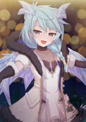 1girl ahoge blue_hair blue_horns blue_wings braid crystal_horns crystal_tail crystal_wings dragon_girl dragon_horns dragon_tail dragon_wings fur-trimmed_hood fur-trimmed_sleeves fur_trim gloves hair_between_eyes hood horns long_hair open_mouth pointy_ears princess_connect! purple_eyes sheffy_(princess_connect!) smile solo tail umarutsufuri wings