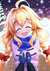 Rule 34 | 1girl, absurdres, ahoge, azur lane, blonde hair, braid, closed eyes, fj hatsu, holding hands, highres, le temeraire (azur lane), light particles, night, night sky, pine tree, pov, scarf, sky, smile, snow, snowing, tree, twintails