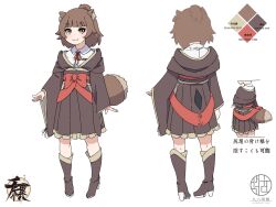 Rule 34 | 1girl, animal ear fluff, animal ears, blunt bangs, blush, boots, brown eyes, brown footwear, brown hair, brown skirt, closed mouth, clothing cutout, collared shirt, color guide, commentary request, dress shirt, high-waist skirt, high heel boots, high heels, highres, kuro kosyou, long sleeves, looking at viewer, multiple views, neck ribbon, original, pleated skirt, red ribbon, ribbon, shirt, short eyebrows, simple background, skirt, smile, standing, tail, tail through clothes, thick eyebrows, translation request, white background, white shirt, wide sleeves