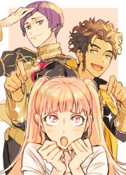 Rule 34 | 1girl, 2boys, blush, bowl cut, braid, brown hair, claude von riegan, clenched hands, dark skin, epaulettes, fire emblem, fire emblem: three houses, flower, garreg mach monastery uniform, green eyes, hand on own head, hand to own mouth, hilda valentine goneril, long hair, long sleeves, looking at another, looking at viewer, looking up, lorenz hellman gloucester, matching hair/eyes, multiple boys, nintendo, open mouth, pink background, pink eyes, pink hair, purple eyes, purple hair, rose, short hair, side braid, simple background, smirk, sparkle, twintails, two-tone background, ugonba (howatoro), wavy hair, white background
