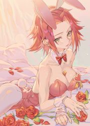 Rule 34 | 1girl, animal ears, bare shoulders, between breasts, blush, bow, bowtie, breasts, cleavage, code geass, collarbone, detached collar, eyes visible through hair, fake animal ears, flower, green eyes, hair intakes, heart, highres, hxxg, kouzuki kallen, large breasts, looking at viewer, lying, on stomach, pantyhose, parted lips, pillow, playboy bunny, rabbit ears, rabbit tail, red hair, rose, short hair, sidelocks, solo, tail, wrist cuffs