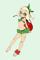 Rule 34 | 1girl, ankle boots, bandaid, bikini, bikini skirt, boots, breasts, cherry blossoms, closed mouth, fang, food, fruit, green background, green bikini, green eyes, green hairband, hairband, highres, holding, holding food, holding fruit, inkling, inkling girl, inkling player character, looking at viewer, mask, nintendo, oversized object, pointy ears, short hair, simple background, small breasts, smile, solo, standing, swimsuit, tan, tentacle hair, white hair, yu-ri (arium047)