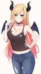 Rule 34 | 1girl, :o, black camisole, black choker, blonde hair, blush, breast tattoo, breasts, camisole, choker, cleavage, demon girl, demon horns, demon wings, denim, green eyes, hand on own hip, hand up, highres, hololive, horns, jeans, large breasts, long hair, looking at viewer, midriff, navel, pants, parted lips, pointy ears, shirt, shuuzo3, solo, straight hair, tattoo, torn clothes, torn jeans, torn pants, undershirt, virtual youtuber, wings, yuzuki choco