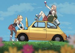 Rule 34 | 2girls, alcohol, annin musou, ascot, backpack, bad id, bad twitter id, bag, black legwear, blonde hair, blue flower, blush, brown hair, bucket, car, closed eyes, commentary request, corset, cup, day, drinking glass, drunk, fiat, fiat 500, flat tire, flower, grass, hat, holding, holding cup, kantai collection, long hair, long sleeves, mini hat, motor vehicle, multiple girls, open mouth, pantyhose, pink flower, pleated skirt, pola (kancolle), red ascot, red skirt, shirt, skirt, thighhighs, vehicle focus, wavy hair, white flower, white headwear, white legwear, white shirt, wine, wine glass, yellow flower, zara (kancolle)