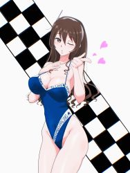 Rule 34 | 1girl, ashigara (kancolle), blowing kiss, blue leotard, blue one-piece swimsuit, breasts, brown eyes, brown hair, checkered background, cleavage, clothes writing, cowboy shot, hairband, highleg, highleg swimsuit, highres, kantai collection, large breasts, leotard, long hair, one-piece swimsuit, one eye closed, osage gankyou, race queen, solo, swimsuit, wavy hair, white hairband