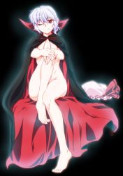 Rule 34 | 1girl, bad id, bad pixiv id, barefoot, cape, cloak, fang, hat, hat ribbon, highres, looking at viewer, naked cape, naked cloak, one eye closed, ootsuki wataru, red eyes, remilia scarlet, ribbon, silver hair, sitting, smile, solo, touhou