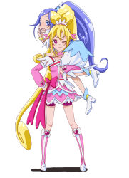 Rule 34 | 2girls, aida mana, blonde hair, blue eyes, blue hair, blush, boots, bow, cacao (99chocolove99), carrying, cure diamond, cure heart, dokidoki! precure, hand on own hip, highres, hishikawa rikka, knee boots, long hair, multiple girls, one eye closed, person over shoulder, pink bow, pink eyes, pink footwear, precure, shadow, simple background, smile, standing, white background, wink, yuri
