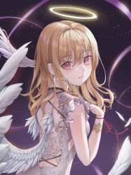 Rule 34 | 1girl, absurdres, blonde hair, earrings, artistic error, feathered wings, halo, highres, jewelry, lime namu, long hair, looking at viewer, looking back, original, parted lips, red eyes, red ribbon, ribbon, solo, upper body, wings, wrong hand