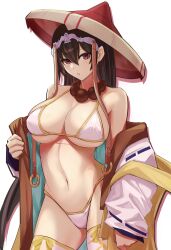 Rule 34 | 1girl, bead necklace, beads, breasts, brown hair, cleavage, earrings, fate/grand order, fate (series), hair between eyes, highres, hoop earrings, jewelry, kugiseiichi, large breasts, long hair, looking at viewer, necklace, prayer beads, red eyes, solo, thighs, xuangzang sanzang (fate)