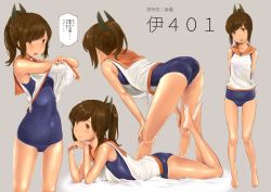 Rule 34 | 10s, 1girl, :d, :o, ass, bad id, bad twitter id, bare shoulders, barefoot, blue one-piece swimsuit, blush, breasts, brown eyes, brown hair, character name, closed mouth, clothes lift, commentary request, covered navel, grey background, groin, hands on own knees, head tilt, i-401 (kancolle), inactive account, kantai collection, kneepits, leaning forward, legs up, looking at viewer, lying, multiple views, on stomach, one-piece swimsuit, open mouth, own hands together, ponytail, school swimsuit, shirt, shirt lift, short hair, simple background, skin tight, sleeveless, sleeveless shirt, small breasts, smile, speech bubble, swimsuit, tan, tanline, tareme, the pose, thighs, translated, undressing, wa (genryusui), white shirt