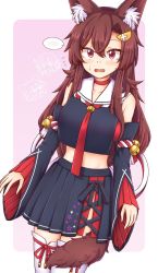 Rule 34 | 1girl, animal ear fluff, animal ears, bell, brown hair, chibi, chibi inset, cosplay, cowboy shot, detached sleeves, fang, hair ornament, highres, hololive, imaizumi kagerou, jingle bell, kouhaku nawa, long hair, midriff, necktie, ookami mio, ookami mio (1st costume), ookami mio (cosplay), open mouth, pink background, pleated skirt, red eyes, red necktie, rope, shimenawa, skirt, solo, spoken blush, tail, tail around own leg, thighhighs, touhou, two-tone background, virtual youtuber, white background, white thighhighs, wolf ears, wolf girl, wolf tail, wool (miwol), zettai ryouiki