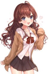 Rule 34 | 1girl, :3, absurdres, ahoge, bad id, bad pixiv id, black skirt, blue eyes, blush, bow, bowtie, breasts, brown cardigan, brown hair, cardigan, cleavage, collarbone, earrings, hair between eyes, heart, highres, ichinose shiki, idolmaster, idolmaster cinderella girls, jewelry, kudou (sikisiki0000), long hair, long sleeves, looking at viewer, medium breasts, navel, open mouth, plaid, plaid bow, pleated skirt, red bow, red bowtie, shirt, skirt, smile, solo, wavy hair, white shirt